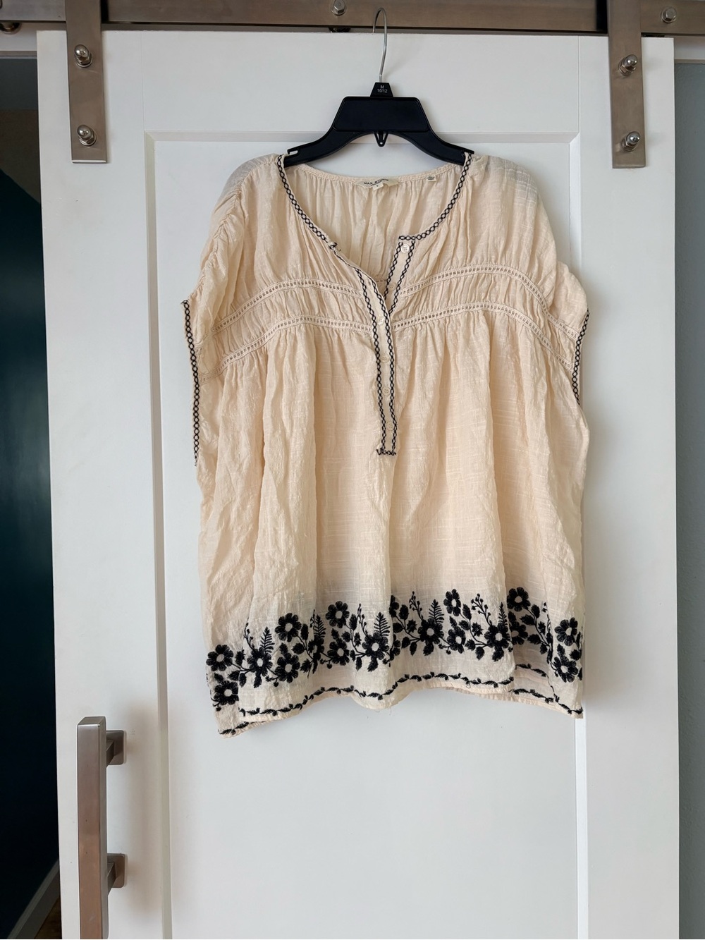 Max Studio Cream Tunic with Black Floral Hem Embroidery